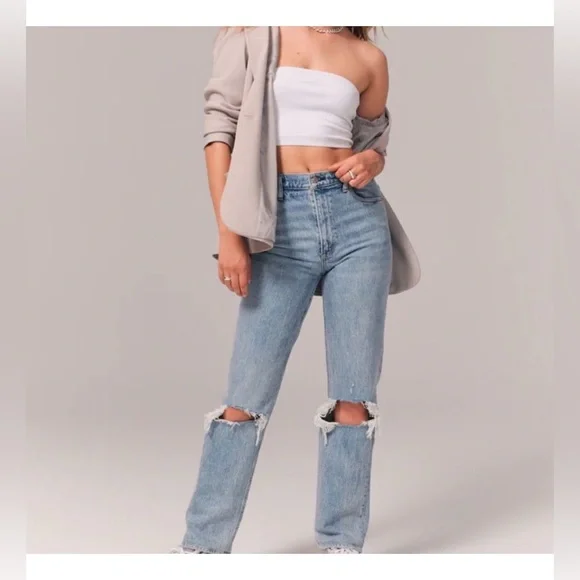 A&F The 90’s Straight Ultra High Rise Curve Love Jeans Lt Ripped Med Wash - Picture 2 of 8